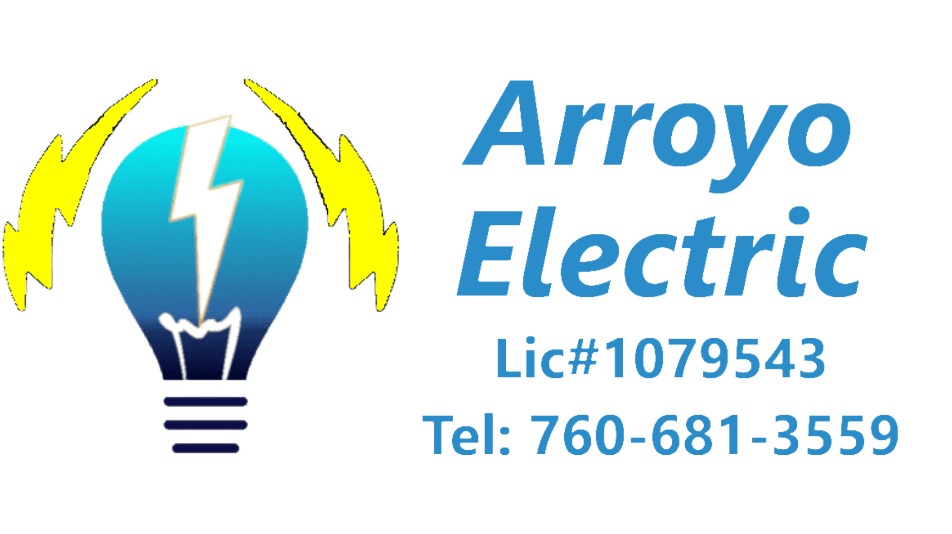 Untitled design (199) Logo for Arroyo Electric featuring a light bulb with a lightning bolt and yellow accents, listing license number 1079543 and phone number 760-681-3559.